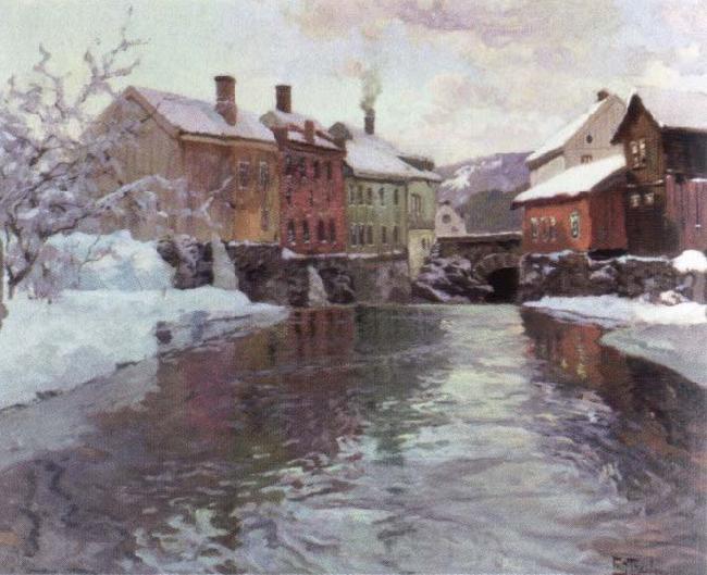 Frits Thaulow snow covered buildings by a river